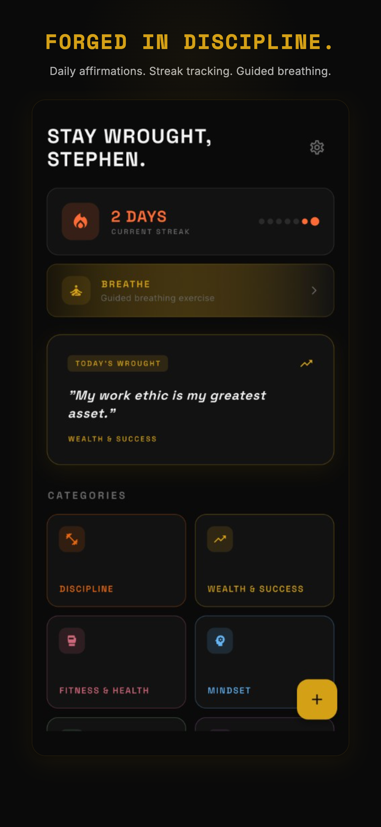 Home screen with streak tracking and daily affirmation